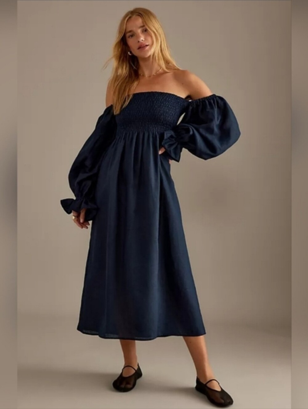 Sleeper 100% linen navy blue atlanta dress, large midi cottagecore feminine